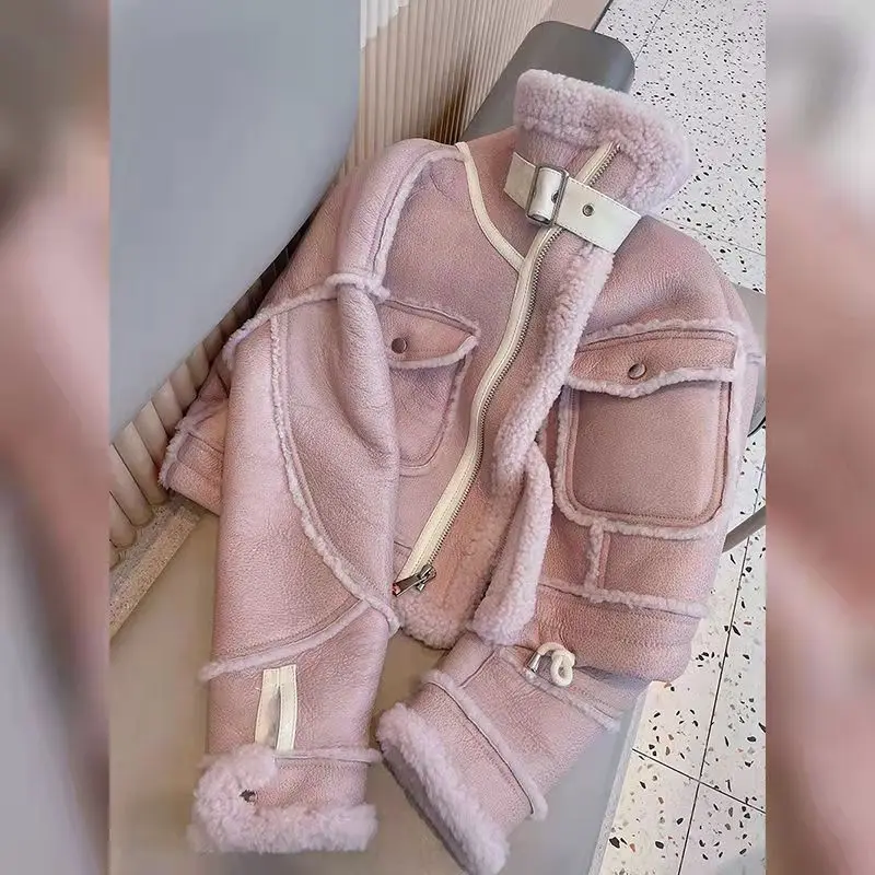 Jaqueta de couro sintético de lã de cordeiro rosa espessada mais veludo motocicleta casaco de costura de couro sintético pu emendado de pelúcia com zíper cardigan