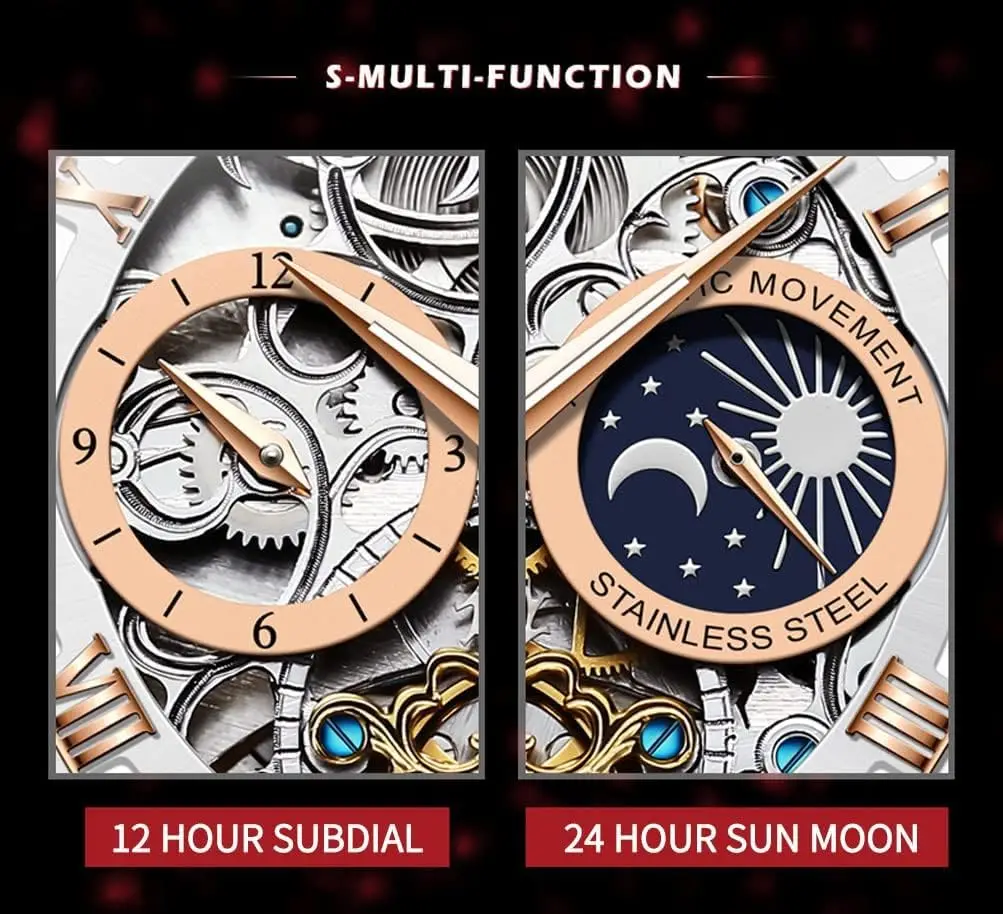 ساعة هيكل عظمي أوتوماتيكية للرجال بمينا السماء المرصعة بالنجوم، ساعة يد فاخرة مضيئة مقاومة للماء