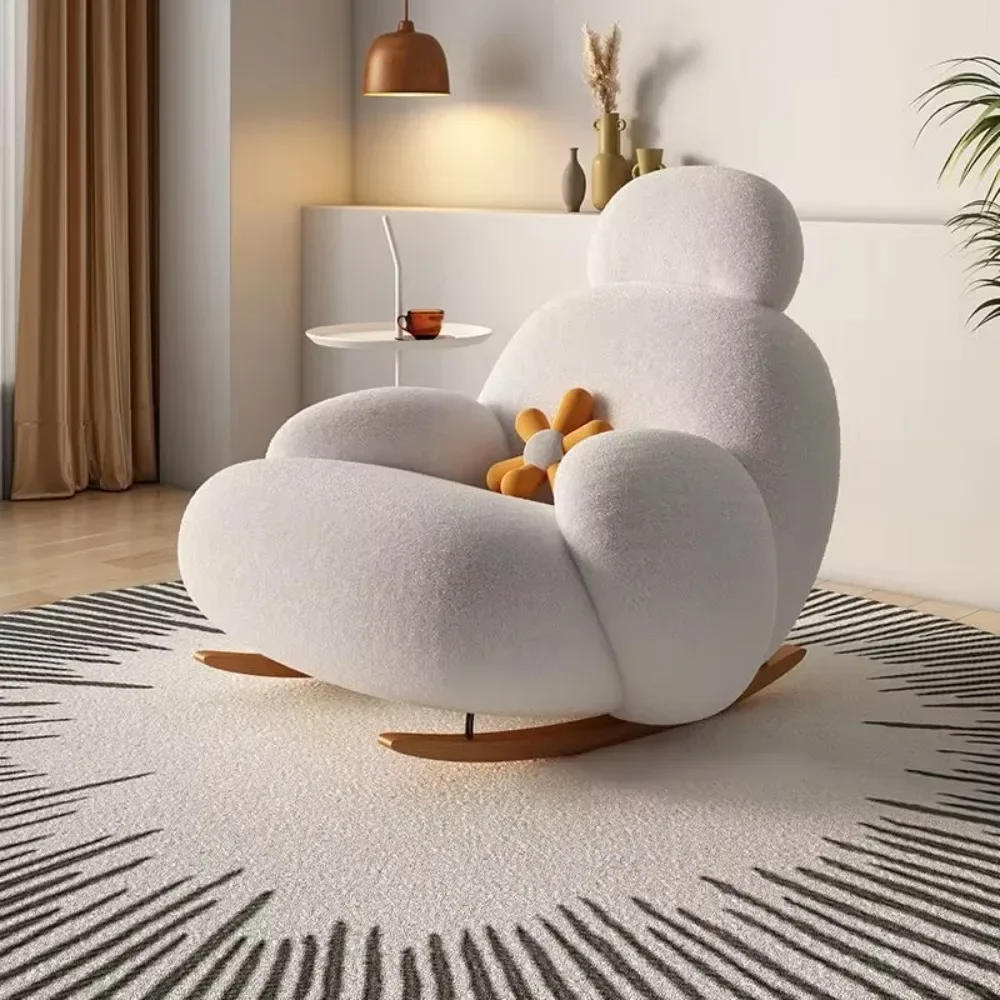 Nordic Modern Apartment Living Room White Fabric Rocking Lazy Chair Plush Upholstered Recliner Sofa Chairs With Stool