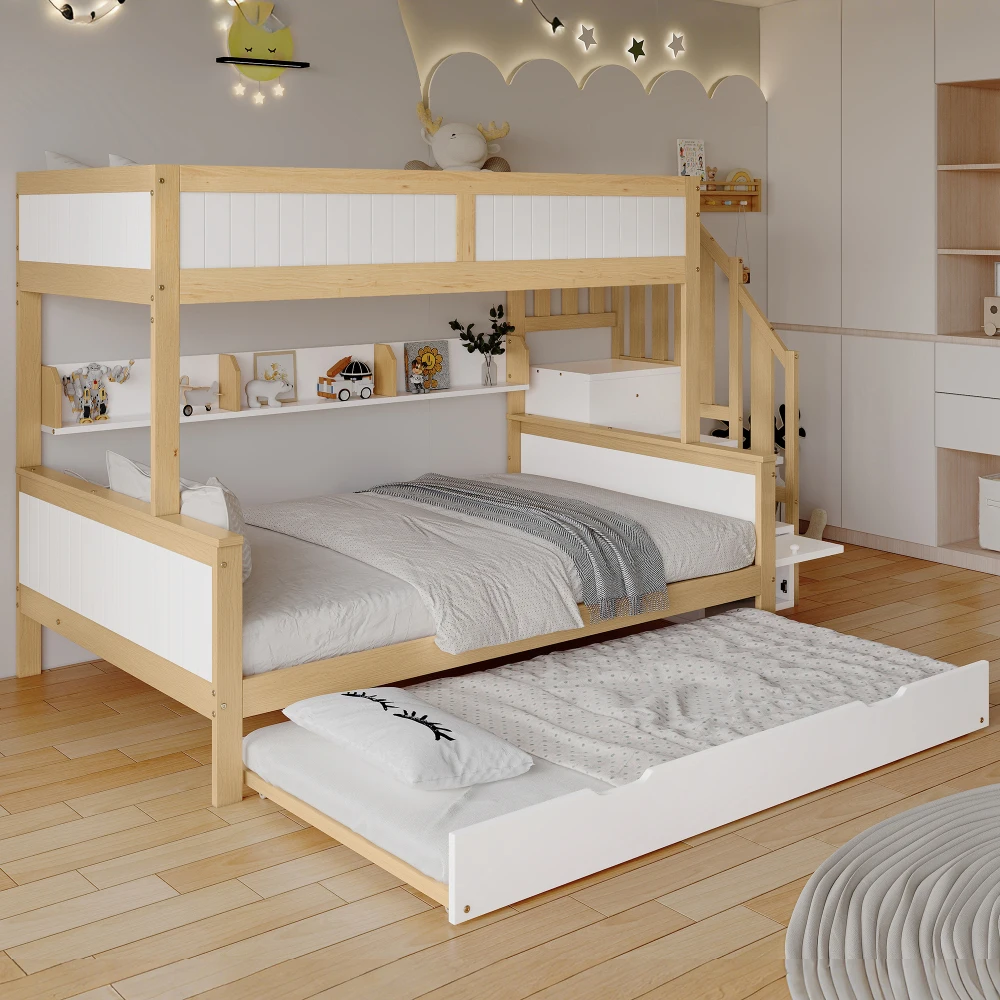 PINGGO Etagenbett 90x200/90x190/120x200cm mit Fallschutzgitter, 3-stöckiges Rollbett mit Kleiderschrank und Eck-Treppe, ohne Matratze – Detail 6