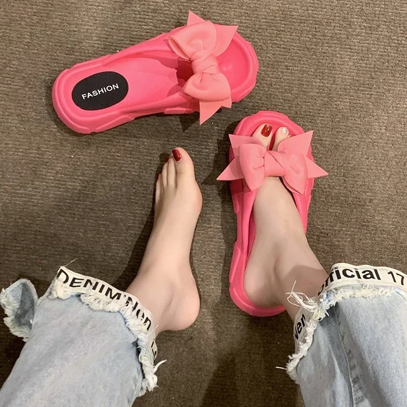 Fashion Bowknot Platform Flip Flop for Women 2023 Summer Beach Non Slip Wedge Slippers Woman Thick Sole Clip Toe Slides Sandals