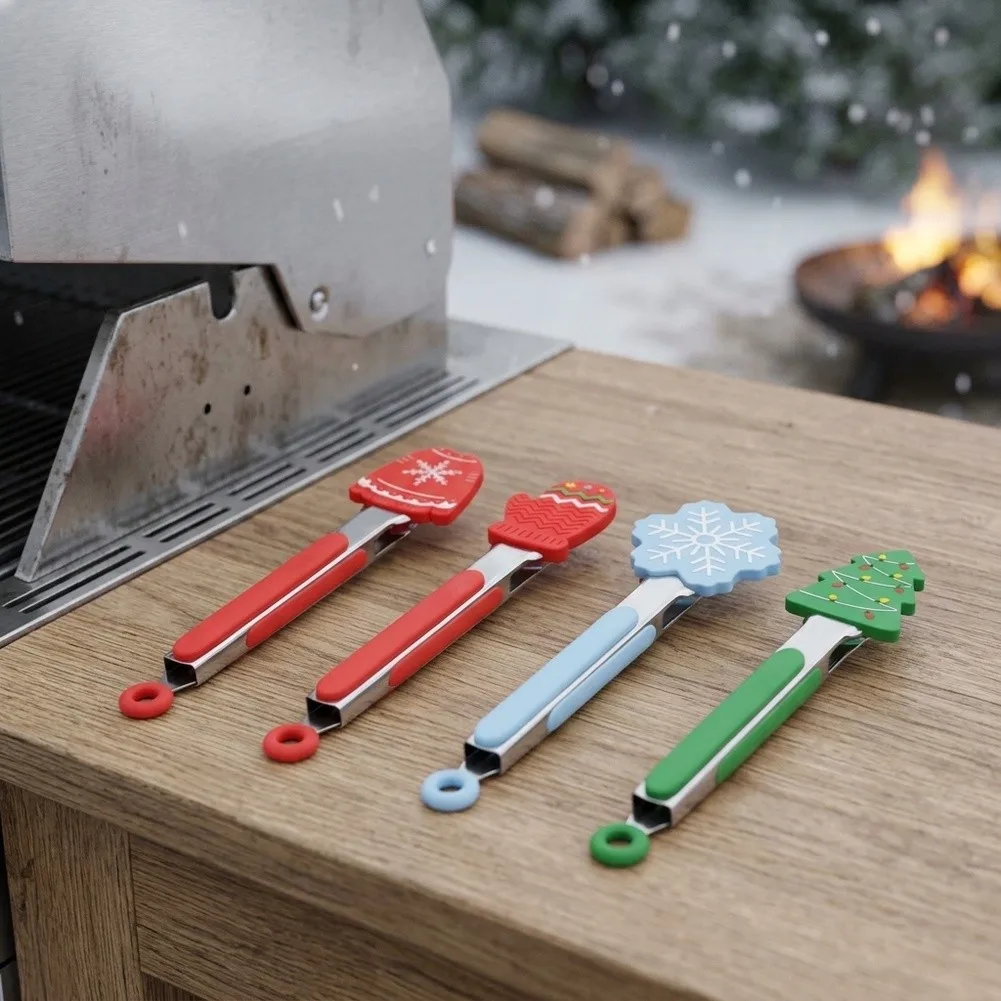 Christmas Silicone Tipped Food Clips Stainless-Anti Scald BBQ Baking Kitchen Utensils For Holiday Cooking And Grilling Tools