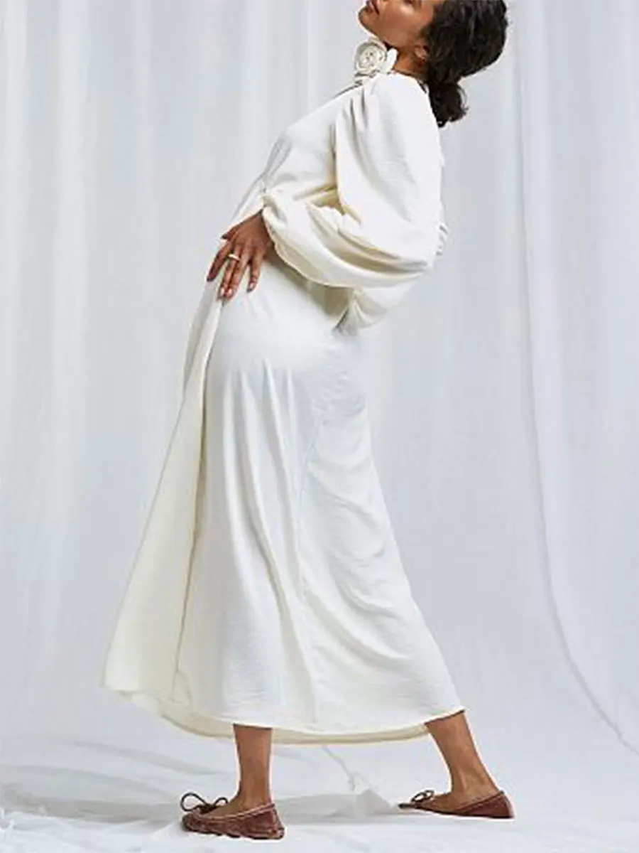 Women V Neck Backless Long Dress Oversized Long Sleeve Tie Up Maxi Dress Casual Going Out Solid Color Baggy Dress