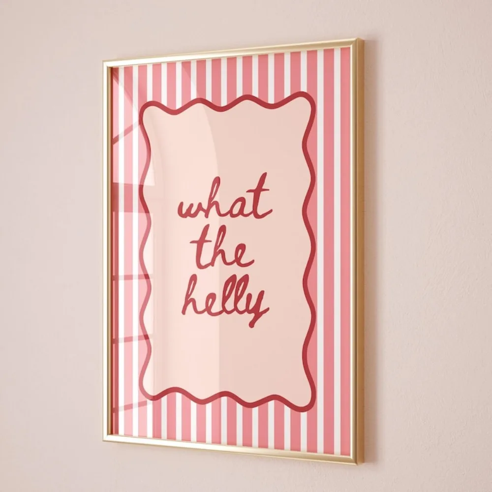 1pc Frameless Canvas Painting,What The Helly Art Print, Funny Quote Wall Art, Trendy Striped Poster, Pink and Red Decoration
