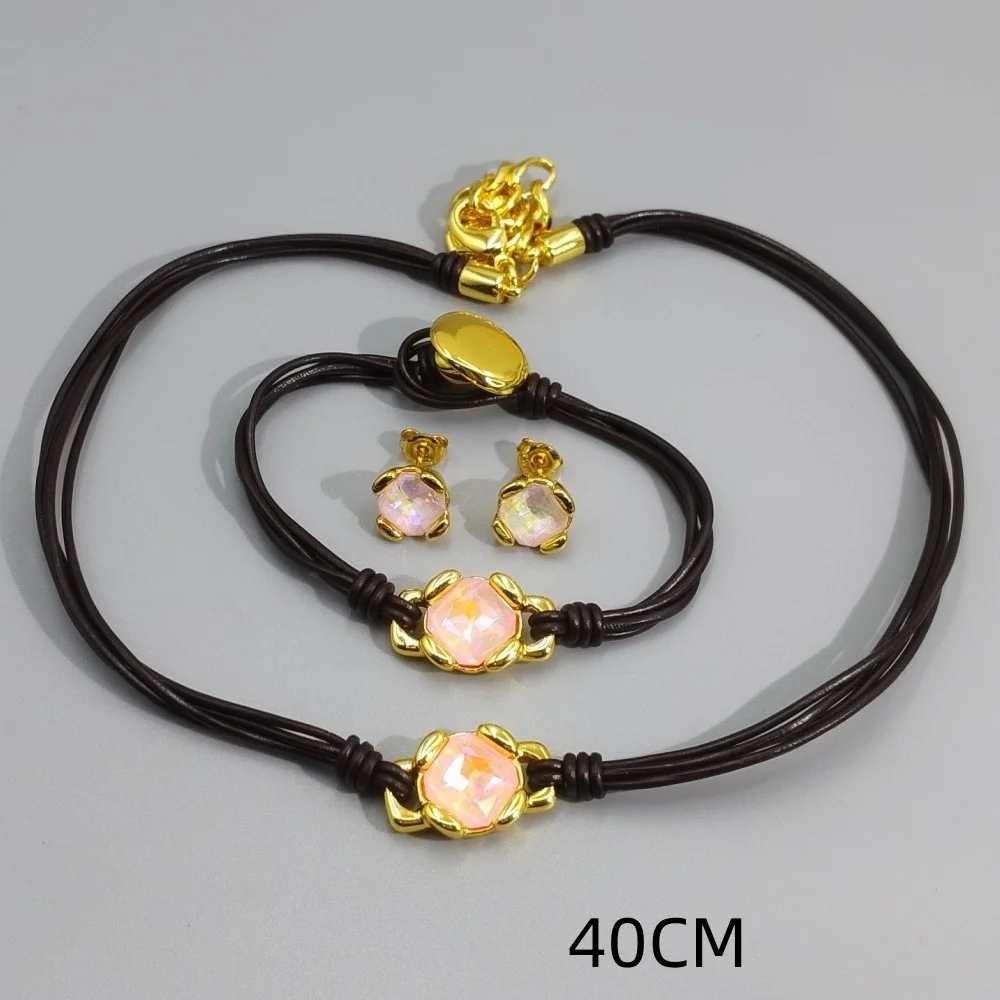 2026 Spring Hot Selling Ladies' Wind Blue/Pink Crystal Leather Rope Set Jewelry Accessories Premium Gifts view 2