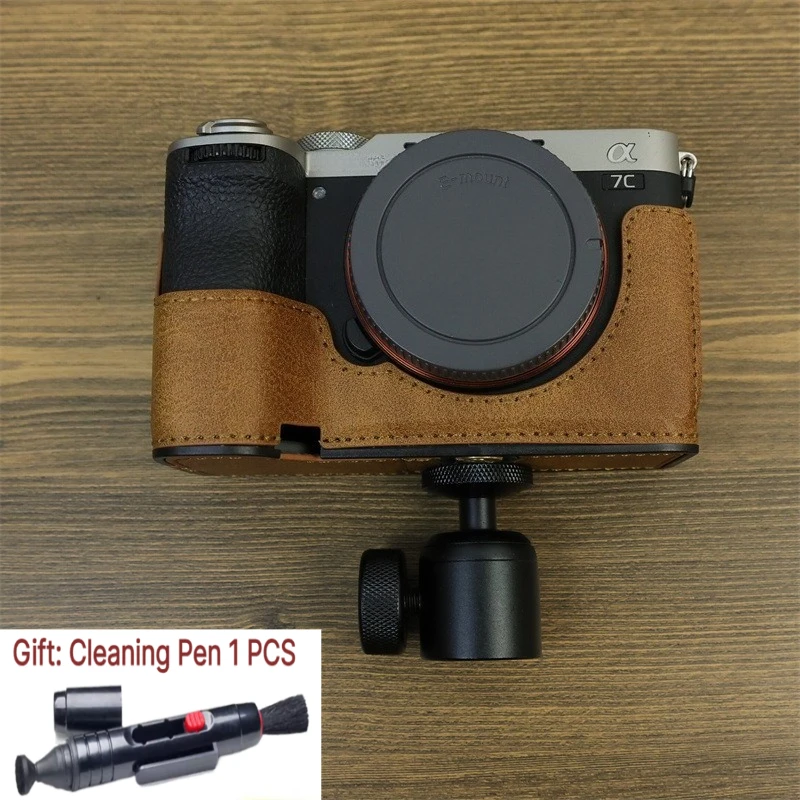 For Sony ILCE-7C2 Camera bag Protective case a7c2 Half set, base case PU Leather case Bag  +1 PCS Free Cleaning Pen