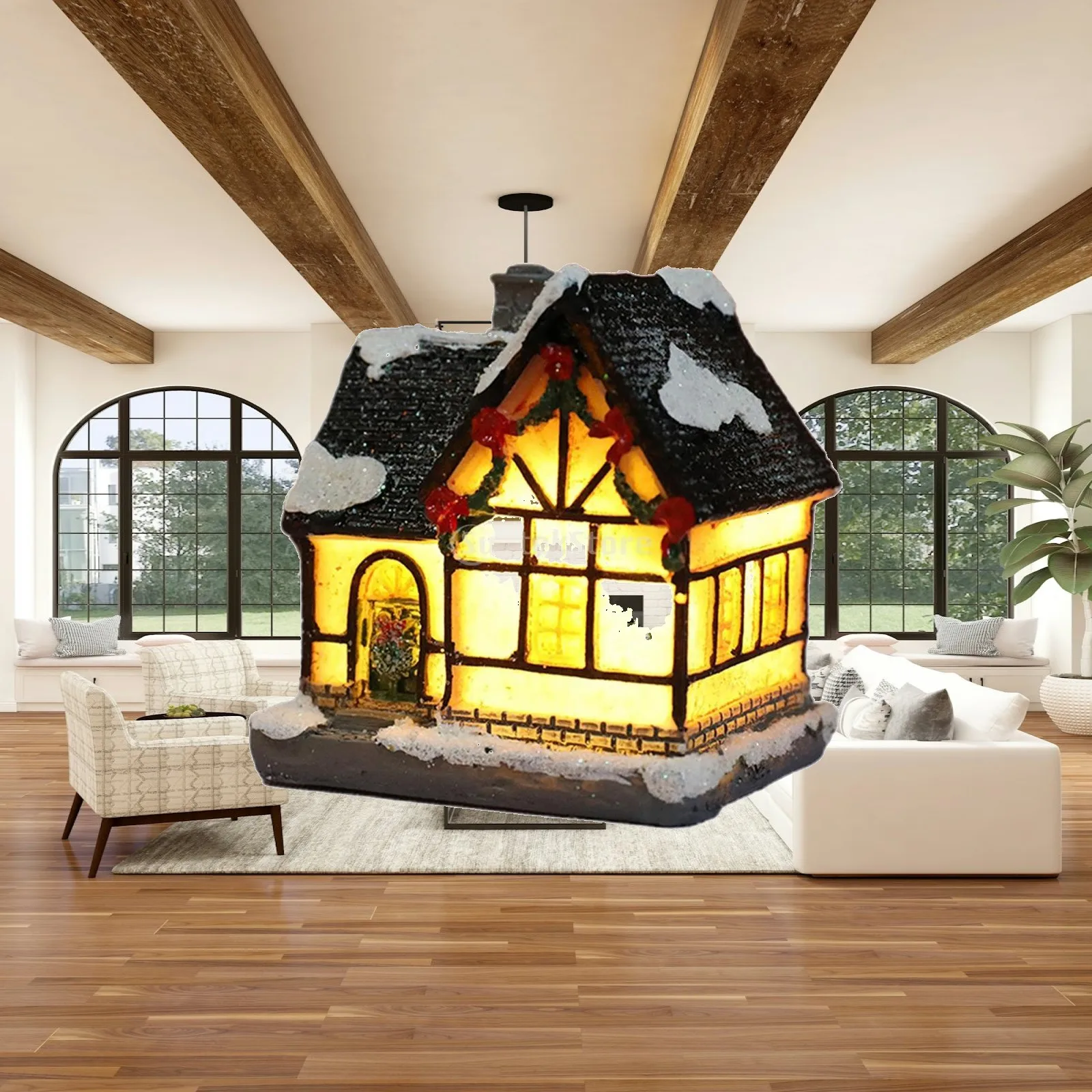 Christmas Village House with LED Light Xmas Santa Table Ornament Christmas Decor