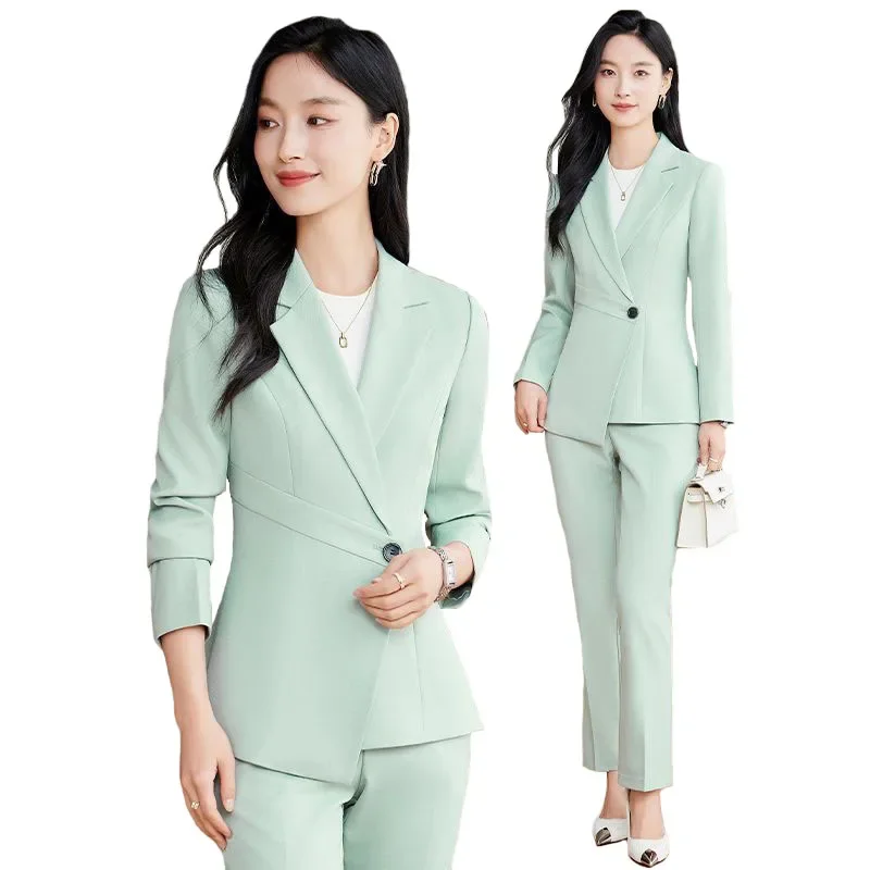 Pop Elegant Green Apricot Black Ladies Pant Suit Women Female Business Work Wear Jacket And Trouser Blazer 2 Piece Set