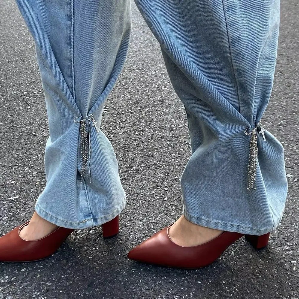 New Trend Rhinestone Ankle Chain Cross Tassels Detachable Jeans Brooch Chain Trouser Brooch Women