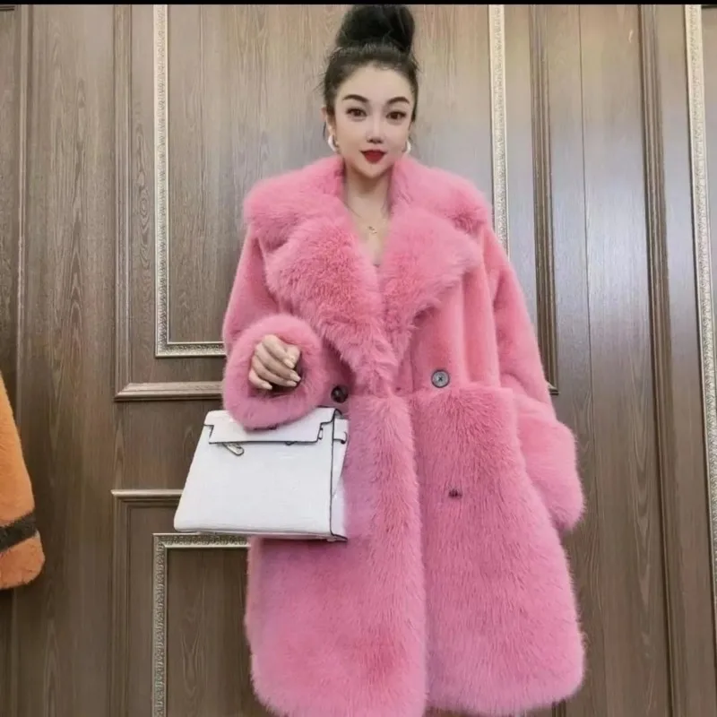 2023 Original Designer New High-end Waist-tightening Fashion and Luxury Ladies Temperament Korean Version of Long Cozy Fur Coat