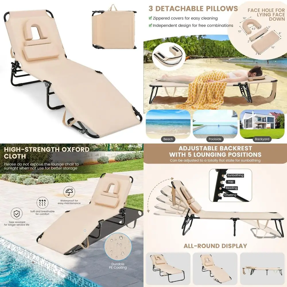 

Adjustable Folding Chaise Lounge Chair for Beach with Face Hole, Washable Pillow, Carry Strap, Supports up to 350lbs, Long-lasti