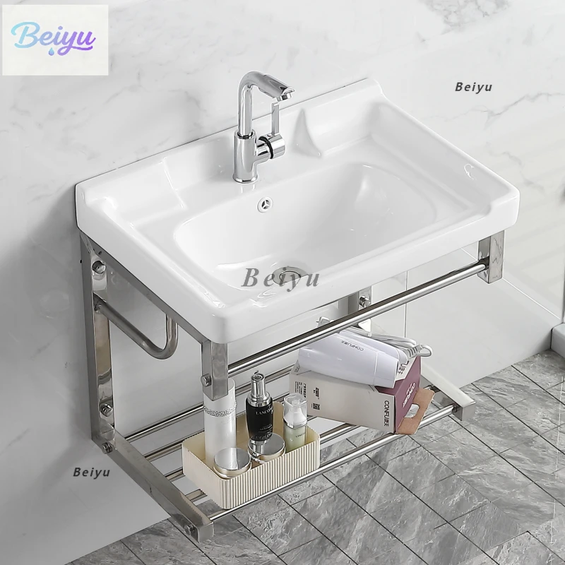 

Balcony wall-mounted wash basin, bathroom integrated ceramic wash basin, stainless steel bracket, wash basin waterproof deepenin