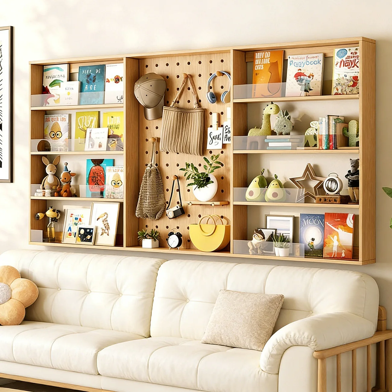 Solid wood hole board shelf wall hanger wooden storage rack living room sofa back modeling wall bookshelf