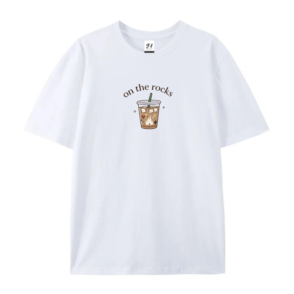 On The Rocks Iced Coffee T Shirt Cute Coffee Lover Graphic Tee Caffeine Addict Gift Minimalist Hand Drawn Coffee Cup Women's Top