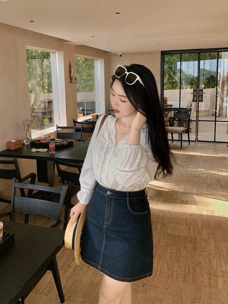 

plus Size Women's Vintage Denim Skirt A-Line Short Style Versatile Work Commute Slimming Hip Covering D8081 by Dkmelissa