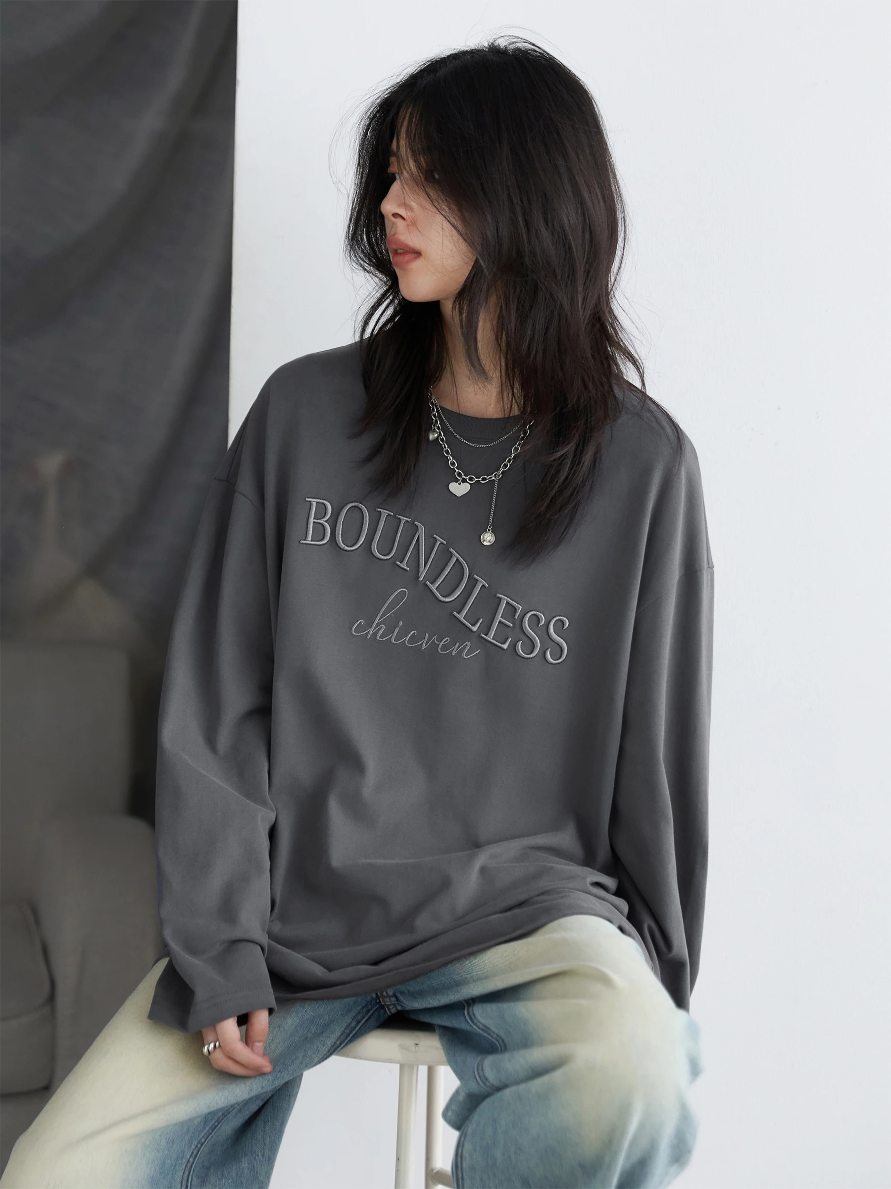 เสื้อสเวตเชิ้ตผู้หญิง CHIC VEN ทรงหลวม สไตล์ลำลอง แขนยาว ปักลายตัวอักษร ผ้าฝ้าย เสื้อคลุมผู้หญิง สำหรับฤดูใบไม้ผลิและฤดูใบไม้ร่วง ปี 2025