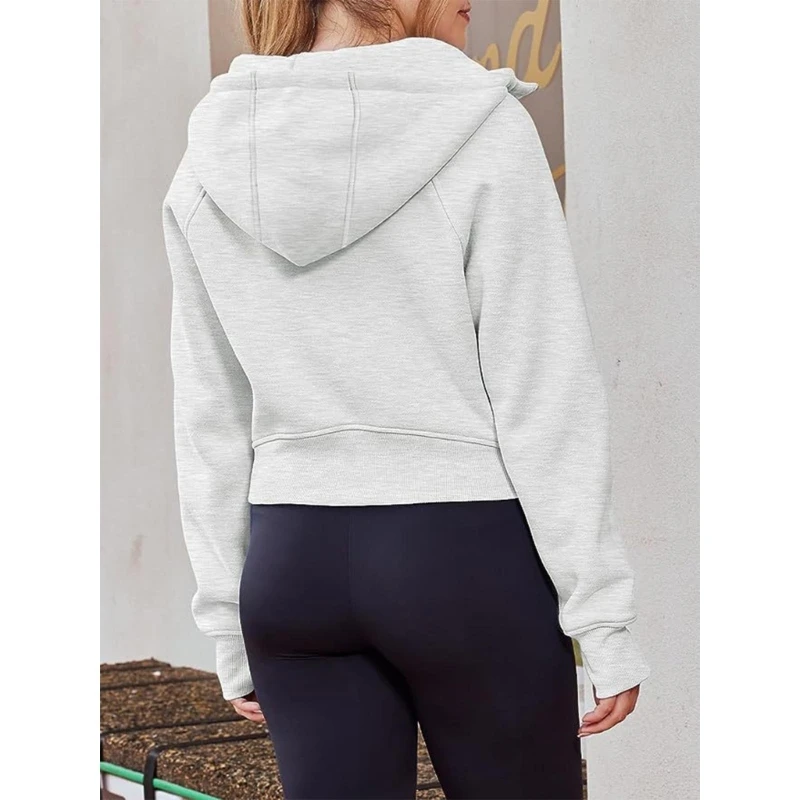 Women Fleece Lined Full Up Cropped Hoodie Sweatshirt Casual Fall Long Sleeve Hooded Crop Top with Thumb Hole