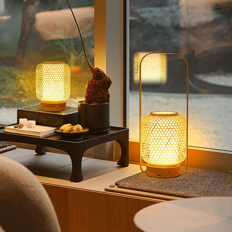 

Bamboo desk lamp Bedroom bedside lamp Japanese retro Zen tea room charging portable Chinese antique atmosphere desk