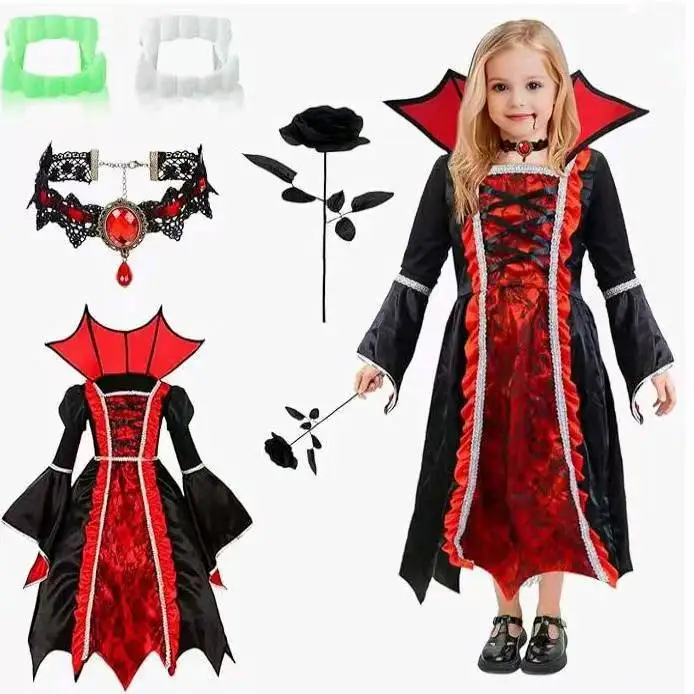

Halloween Kids Costume Dracula Count - Medieval Retro Lace-Up Collar Flared Sleeve Printed Dress for Children
