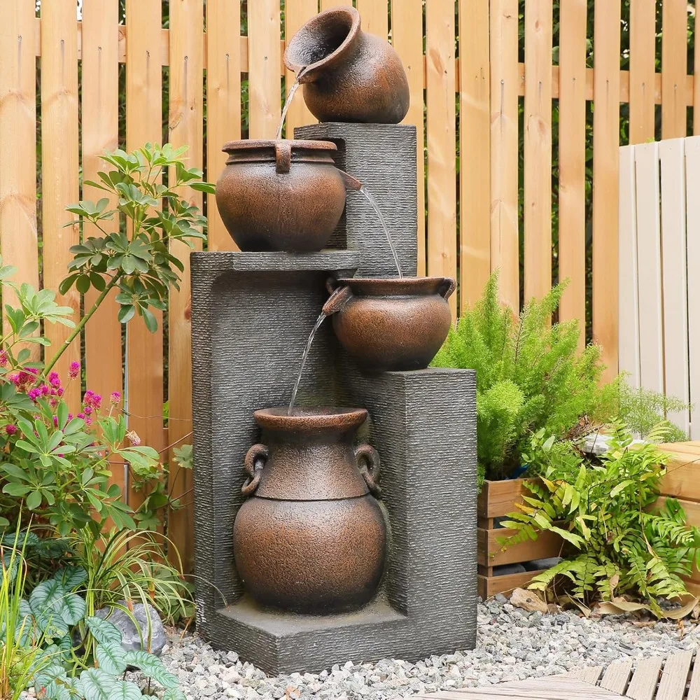 

53" H Large Outdoor Water Fountain with Lights - 4 Tiered Cascading Bowls Waterfall Fountain for Garden, Patio, Backyard, Porch