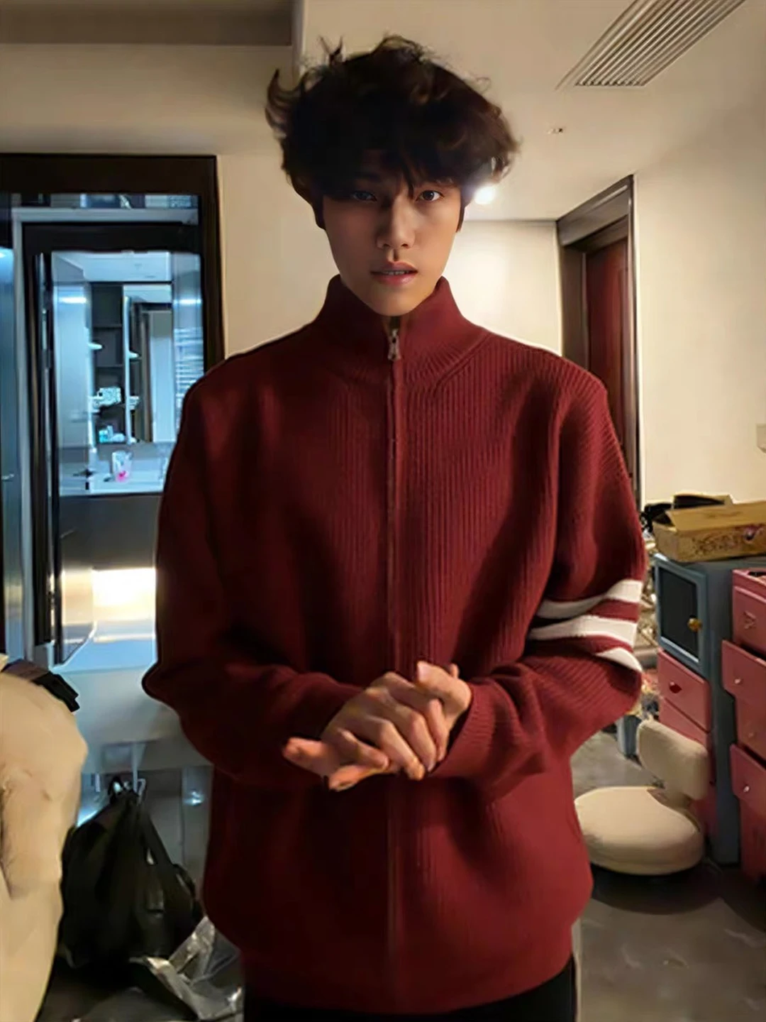 

Мужской вязаный кардиган-свитер Red Wine Tee Bars с воротником-стойкой, осенне-зимний, от бренда Faion, стиль Cleanfit, длинный рукав...