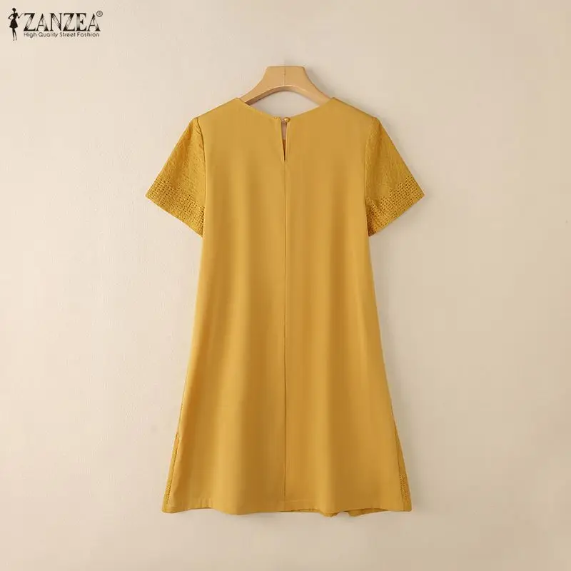 Summer Bohemian Lace Patchwork Mini Dress Women O-Neck Short Sleeve Openwork Ruffled Hem A-Line Dresses ZANZEA Woman Clothes 3XL