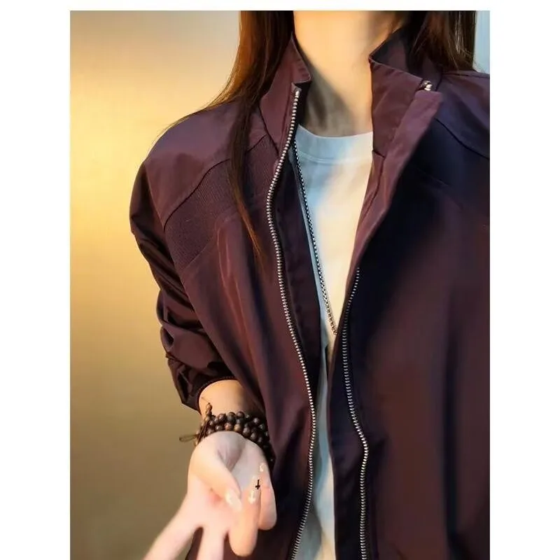 Cleanfit  Color Stand Collar Flight Workwear Jacket Women's Short American Style Baseball Uniform High-End Feel Outerwear