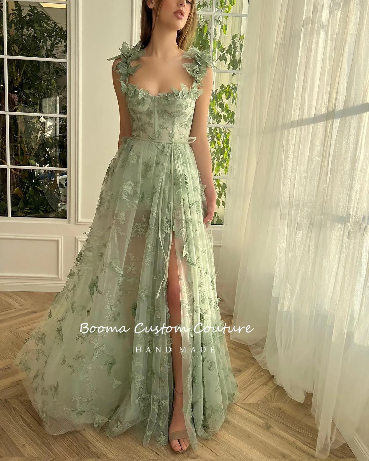 Booma Fairy Green Butterfly Lace Prom Dresses Spaghetti Straps High Slit A-Line Maxi Evening Party Dresses 2023 Prom Gowns