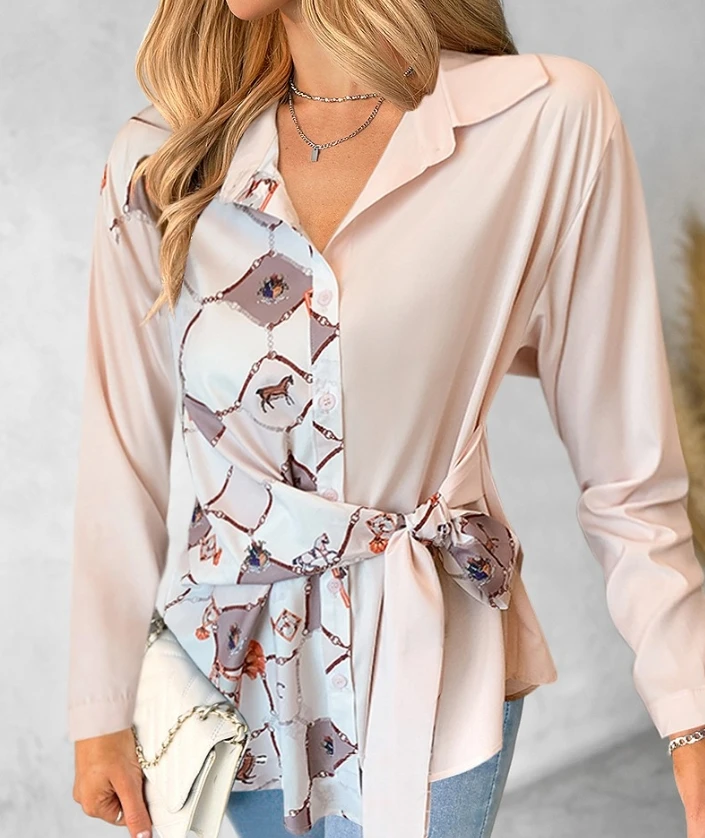 

Women's Elegant Long Sleeve Shirt Turn-down Collar Geometric Animal Print Buttoned Tied Detail Waist Top 2024 Fashion Casual Top