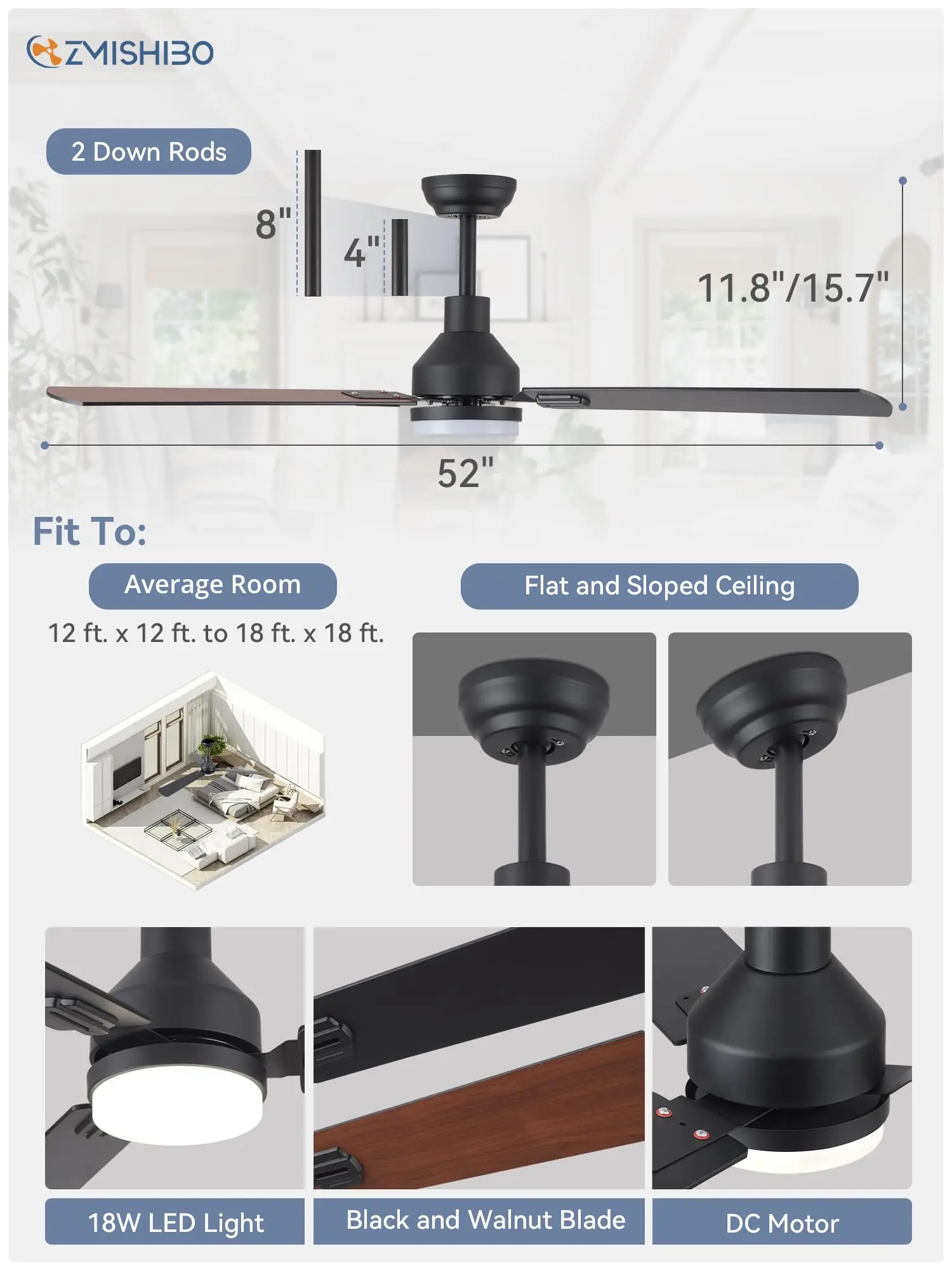 Ventilador de techo de 52 pulgadas con Control remoto de luz, ventiladores de techo LED para interiores y exteriores, 3 temperaturas de Color, CC Reversible silenciosa