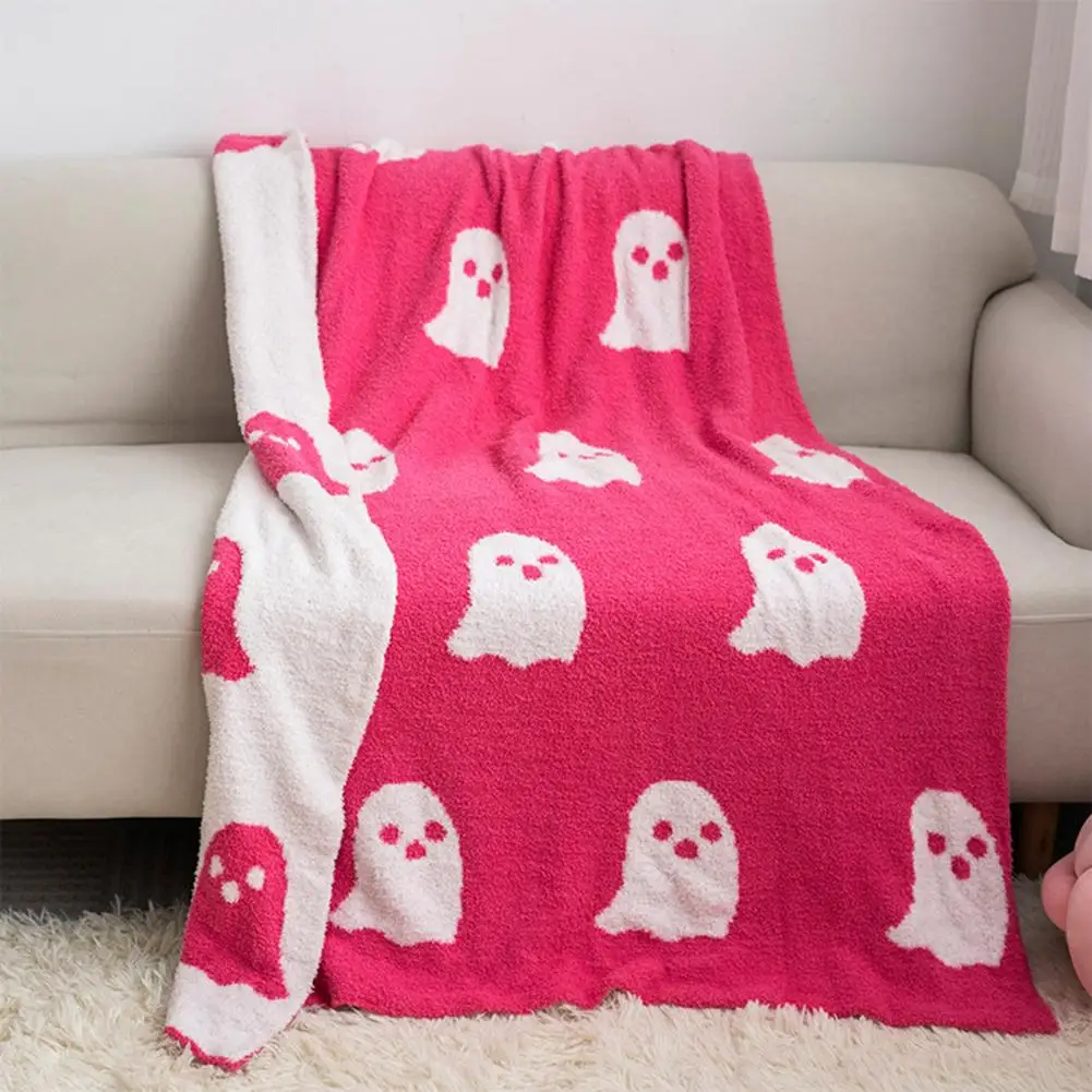 Ghost Blanket Cozy Halloween Ghost Jacquard Knitted Flannel Blanket for Dorm Sofa Bed Ultimate Relaxation Double-sided for Use