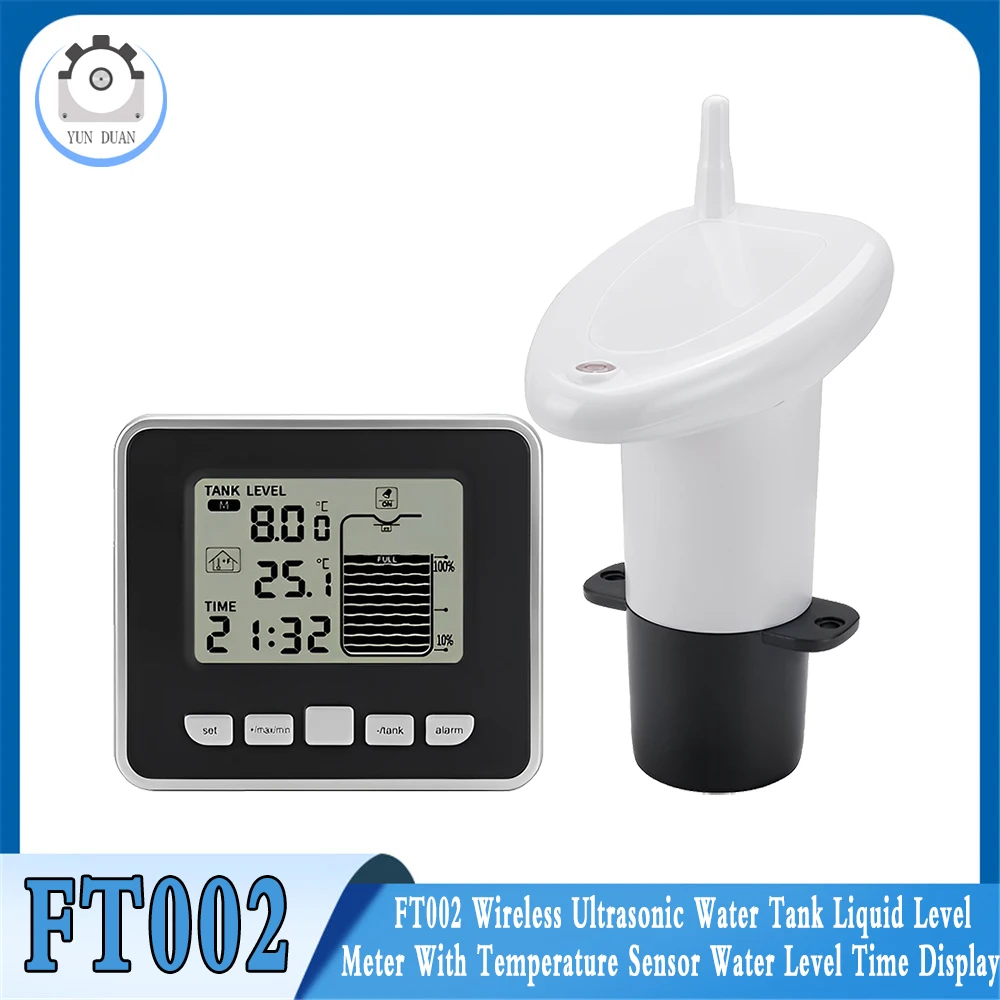 

FT002 Wireless Ultrasonic Water Tank Liquid Level Meter With Temperature Sensor Water Level Time Display Low Battery Indicator