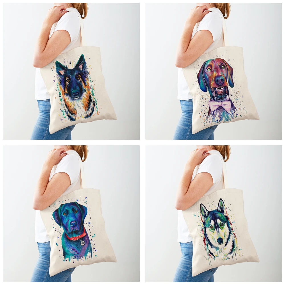 Cute Cartoon Pet Dog Eco Shopping Bag Women Canvas Tote Handbag Reusable Watercolor Animal Lady Shoulder Shopper Bags