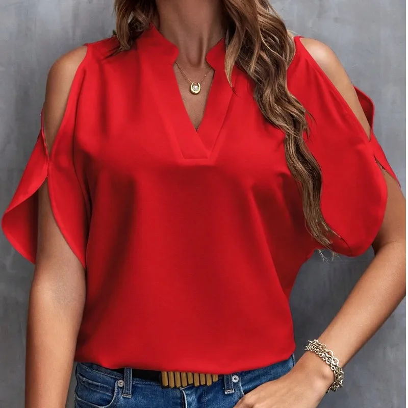 Elegant Women\'s Shirt Blouse2024 Summer V-neck Off Shoulder Sleeves Solid Color Shirt Chiffon Office Lady Y2k Shirt