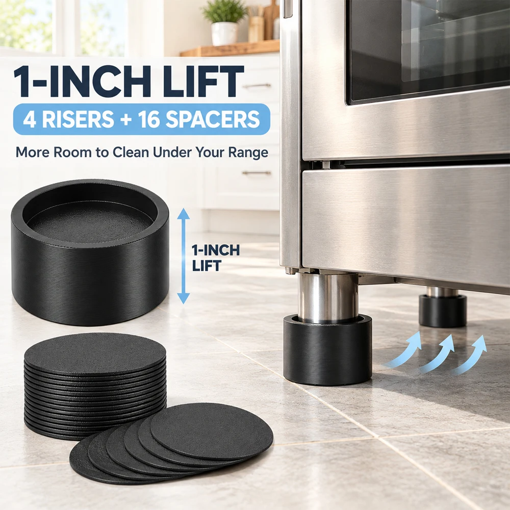 Stove Leg Risers 4 Pack 1 Inch Range Leg Extensions with 16 Leveling Spacers for Oven Feet Uneven Floors Kitchen Cleaning