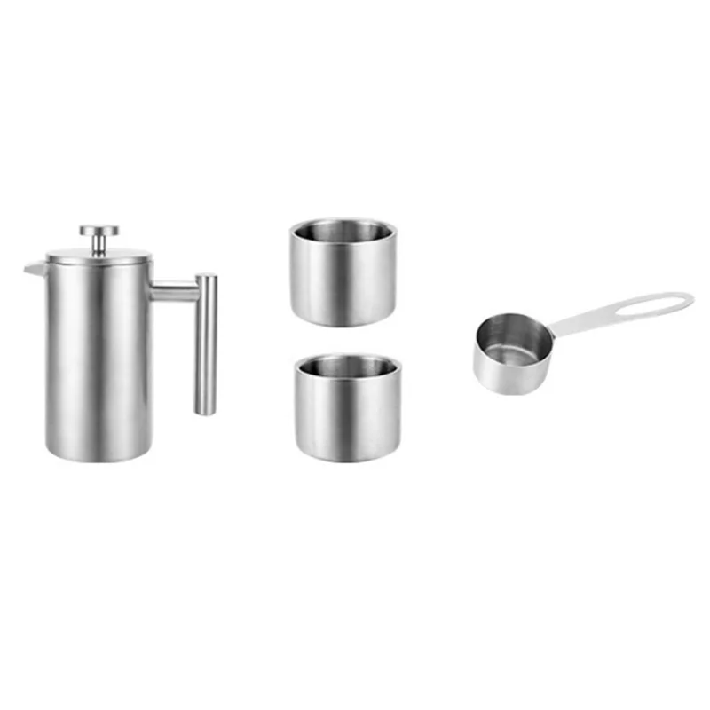 Double Wall Heat Resistant Coffee Pot Insulated Coffee Presser Stainless Steel 1Set