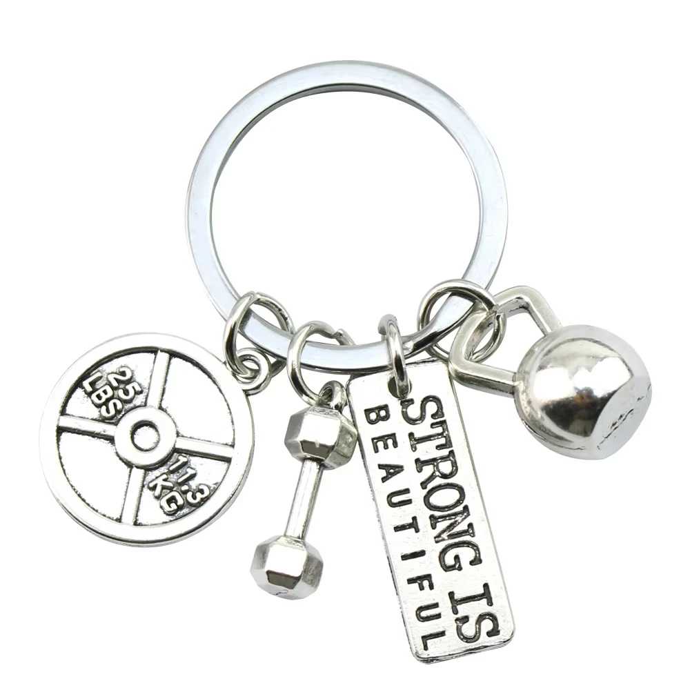 Strength Sports Barbell Dumbbell Charm Weight Fitness With Words Gym Crossfit Gifts Keyring Keychain Car Key Rings For Men Gifts