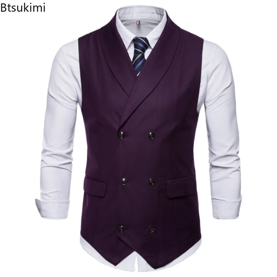 Men's Suit Vest Solid Dress Vest Male Double Breasted Waistcoat Slim Fit Formal Business Sleeveless Men's Vests Plus Size 4XL