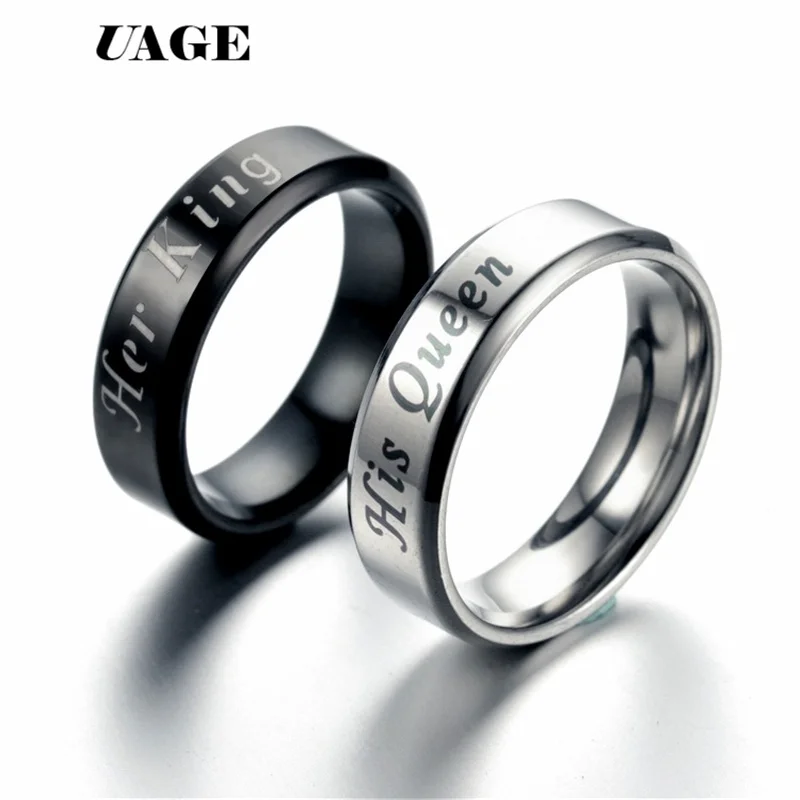 UAGE Titanium His Queen Her King DIY Engraved Couple Ring Romantic Engagement Wedding Rings For Men Women Jewelry
