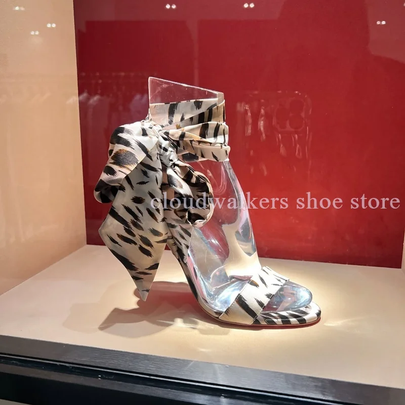 New Style Light Beige Leopard Spots Silk Ankle Strap Stiletto High Heel Sandals Wrapped Point Toe Stiletto Pumps Shoes Bags Suit