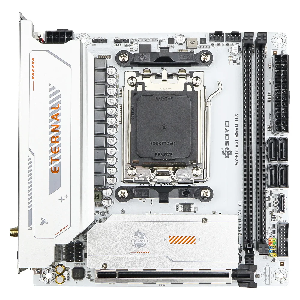 Płyta główna SOYO AMD B650ITX Gaming obsługuje dwukanałową pamięć RAM DDR5, procesory AM5 Ryzen 7000 8000 9000, PCIE5.0x4, ARGB, WiFi6. — 2