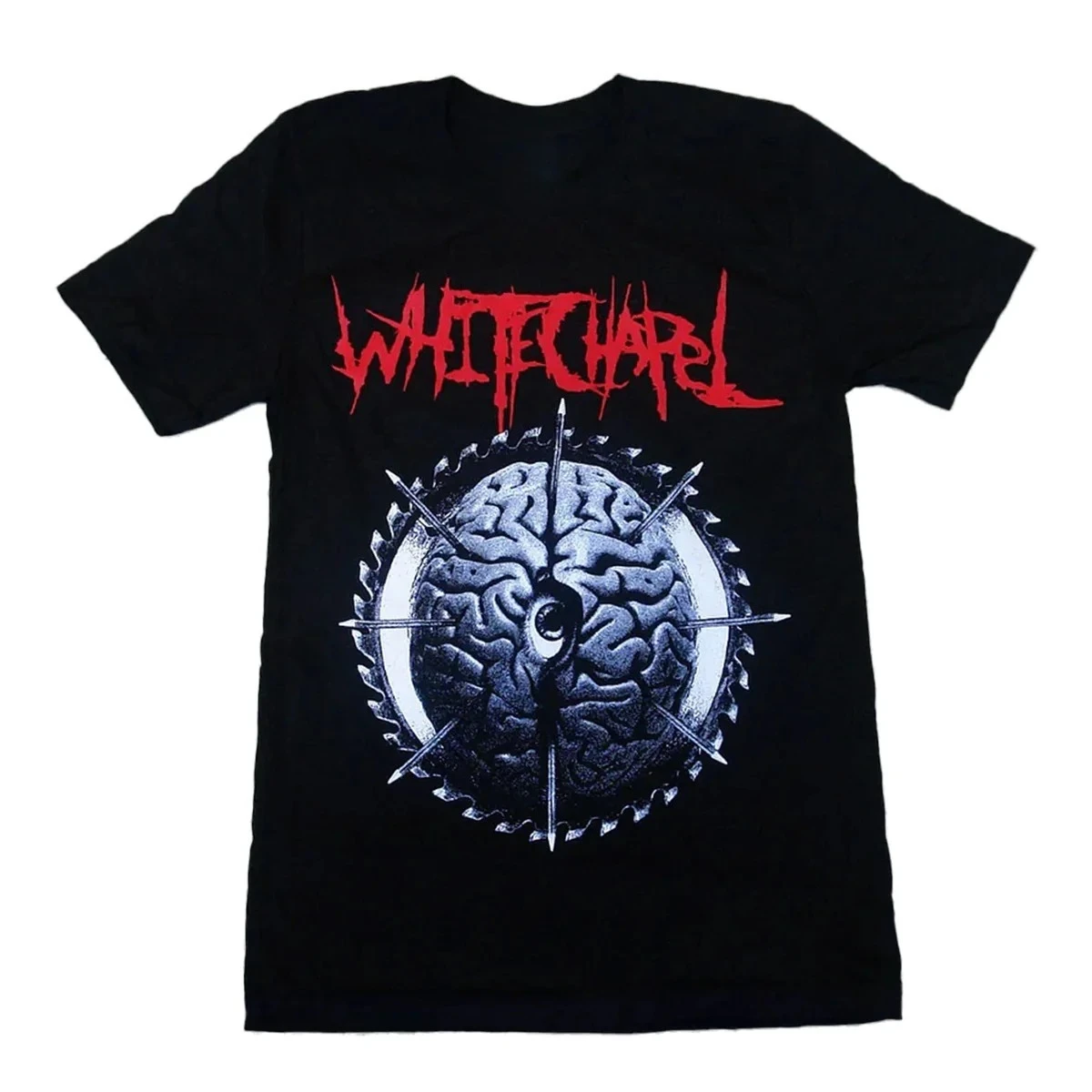 Whitechapel Band Print with Red Dripping Band Logo Saw Blade Brain and Single Eye Spike Graphic T Shirt Deathcore Metal Tee