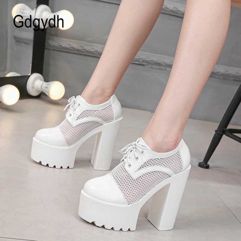 Gdgydh Spring Summer High Heeled Platform Pumps Air Mesh Breathable Ladies Party Shoes Lace Up Closed Toe Black White