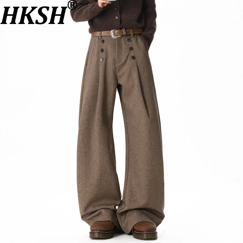 

Мужские плиссированные брюки HKSH на пуговицах, весенняя новинка в американском стиле, однотонные, драпированные, широкие, длинные, свободные, повседневные, шикарные HK19284