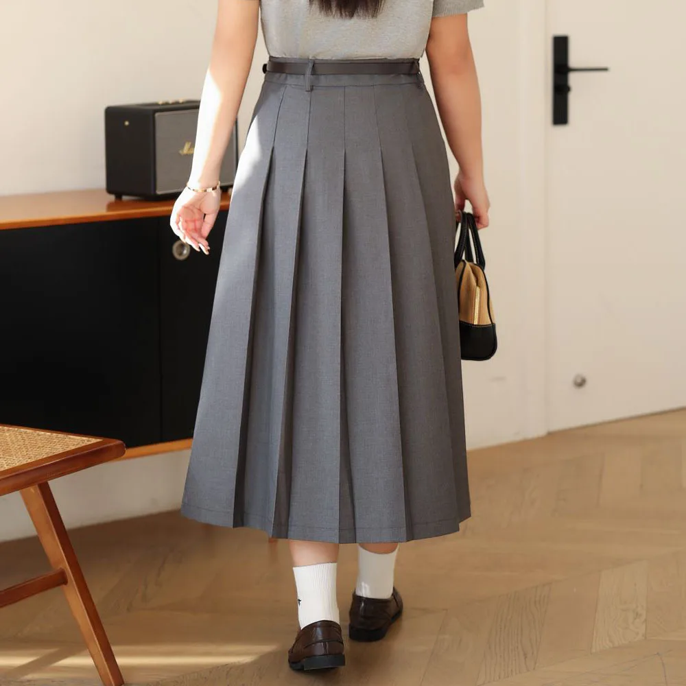 Commuter High Waisted A-Line Calf Length Pleated Skirt Plus Size Women Fashion Office Lady Grey Bottoms