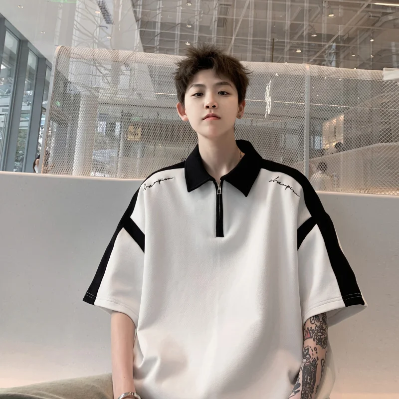 Lapel Panel Top Men Minimalist Black White Patchwork Short Sleeves Shirt Versatile Loose Preppy Embroidery T-shirt