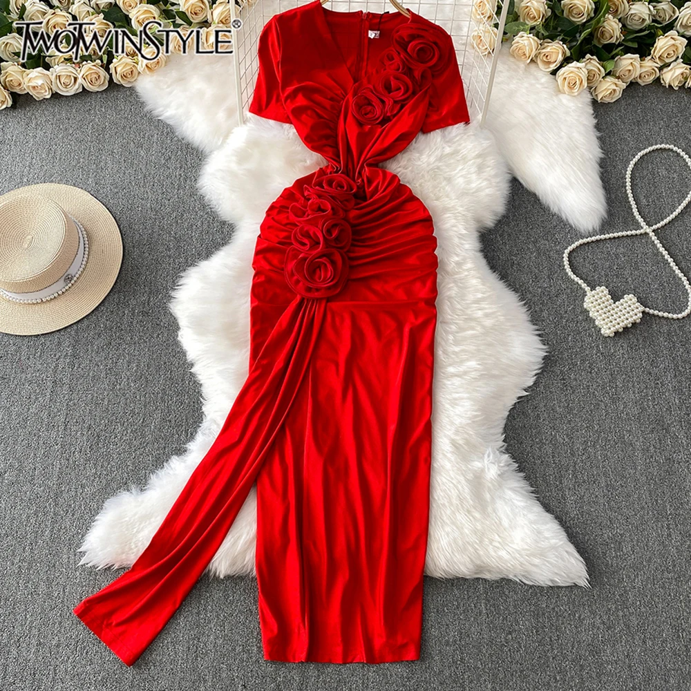 

TWOTWINSTYLE Temperament Dinner Dresses For Women Round Neck Sleeve Short Sleeve High Waist Sexy Dress Female Fashion KDR549946