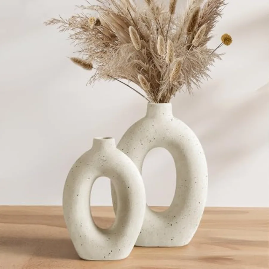 

Ceramic Vases Set of 2, Cream Hollow Donut Flower Vases, Nordic Boho Decor Decorative Centerpiece for Living Room, Table, Shelf