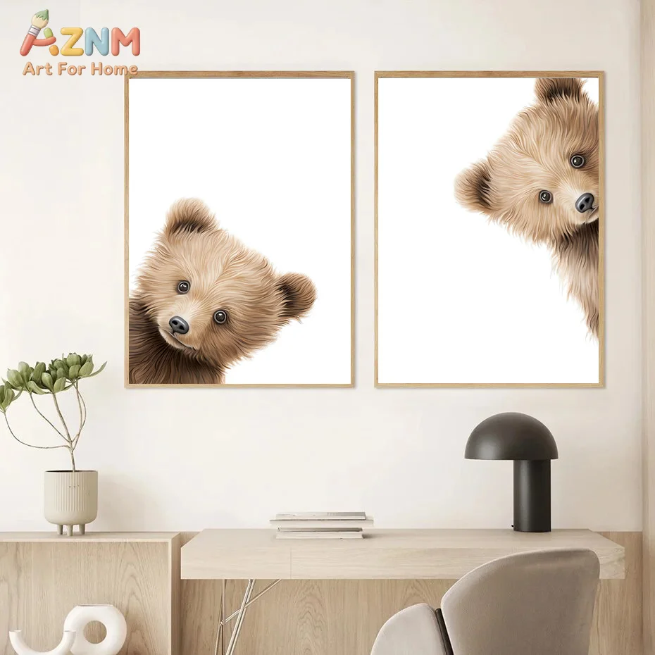 AZNM Watercolor Floral Brown Bear Canvas Wall Art Cute Peekaboo Cub Pink Flower Wreath Minimal Print Unframed Canvas Neutral Bab