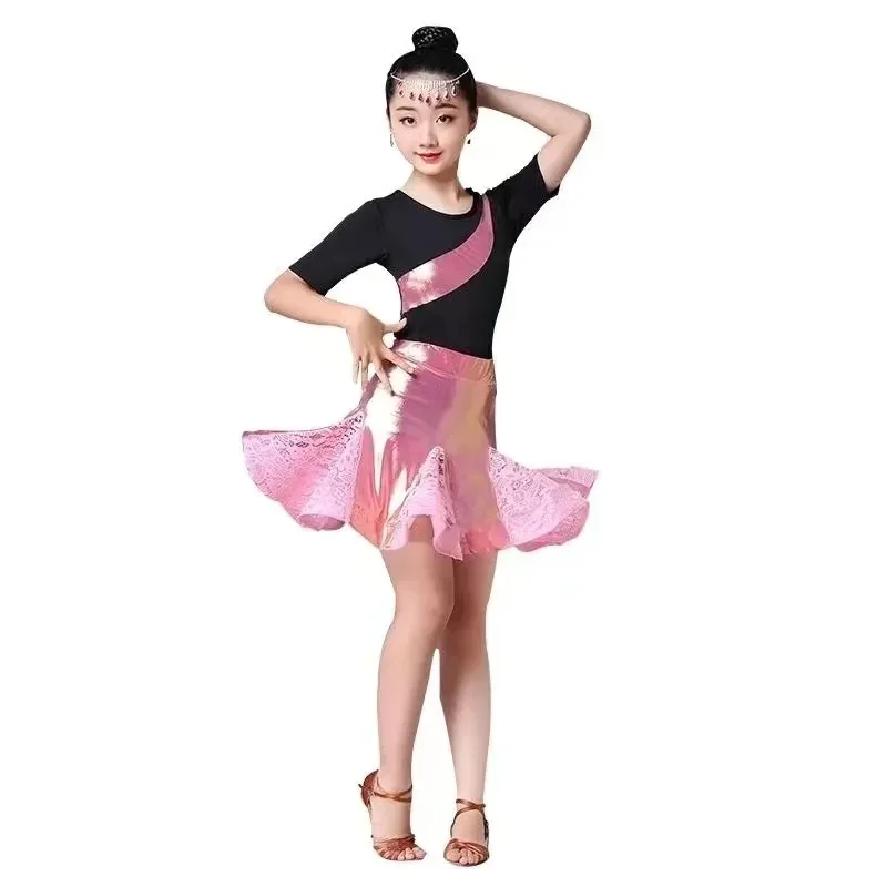 New Latin Dance Costume Children Girl Latin Skirt Summer Style Performance One Shoulder Latin Dance Dress Sets Black Pink Lace